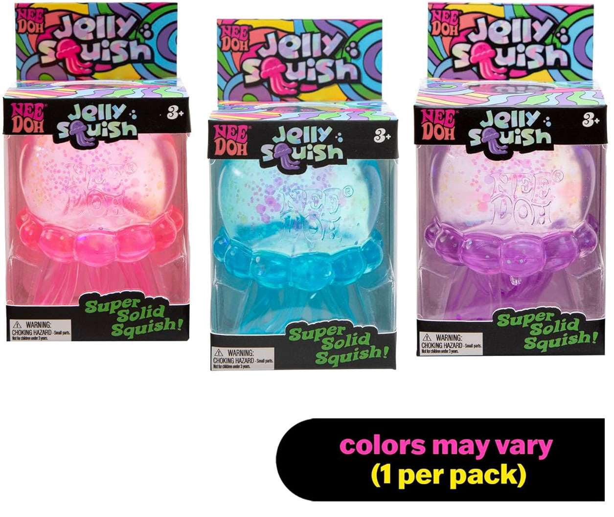 Tres packs minoristas del NeeDoh Jelly Squish (rosa, azul, morado) con la indicación 'colors may vary, 1 per pack'.